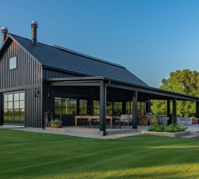 Contemporary black and white barndominium with spacious outdoor entertainment space