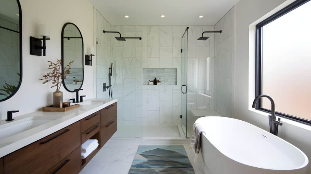 Modern guest bathroom with a floating vanity, a walk in shower, and contemporary fixtures.